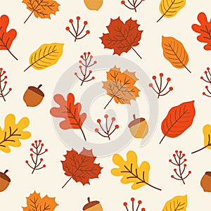 Seamless pattern with autumn Leaves, acorns and oak leaves.