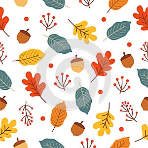 Seamless pattern with autumn Leaves, acorns and oak leaves.