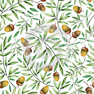 Seamless pattern with autumn leaves and acorns photo