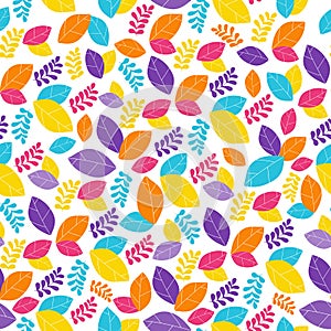 Seamless pattern autumn leaves - blue red yellow orange. Repeating background