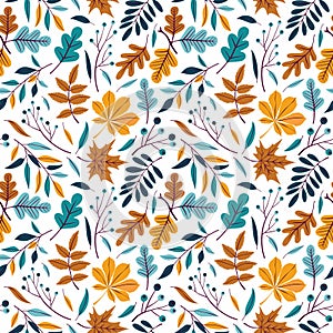Seamless pattern of autumn leaves, branches and berries