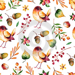 Seamless pattern with autumn leaves,flowers,branches,berries and little bird.