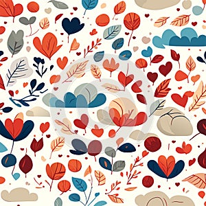 Seamless pattern with autumn leaves and hearts. Vector illustration. AI Generated