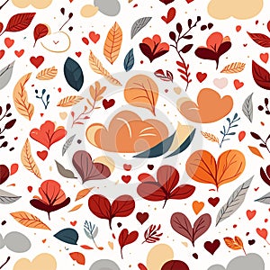 Seamless pattern with autumn leaves and hearts. Vector illustration. Generative AI