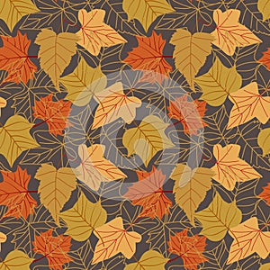Seamless pattern with autumn leaves with line style Vector illustration background