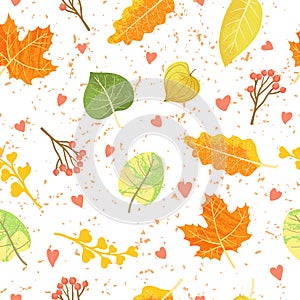 Seamless pattern with autumn leaves, twigs, berry and hearts. Cartoons flat design.