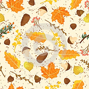Seamless pattern with autumn leaves, twigs, berry and hearts. Vector cartoons flat design.