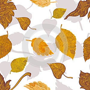 Seamless pattern autumn leaves on white background