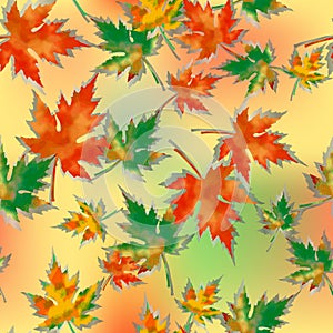 Seamless pattern of autumn maple leaves, on a colored spotted background. Saturated orange, red and green colors, gray shades