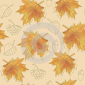 Seamless pattern of autumn maple leaves.  Simple cartoon flat style. For paper, cover, fabric, gift wrapping, wall art, interior d