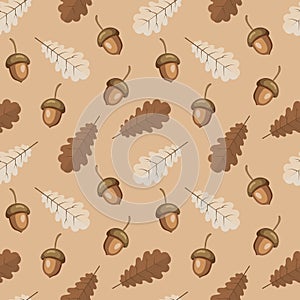 Seamless pattern, autumn oak leaves and acorns on a beige background. Pastel colors. Print, background, vector