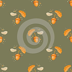 Seamless pattern, autumn oak leaves and acorns on a green background. Textile, print vector