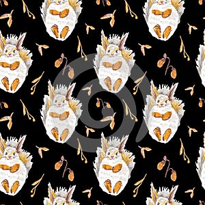 Seamless pattern with autumn squirrels drawn in wax crayons on black background. Repeating hand drawn textural