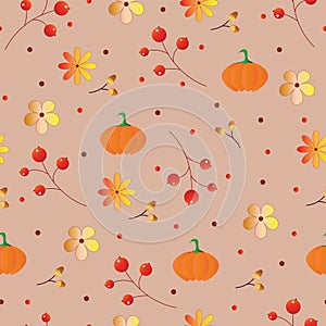seamless pattern - autumn theme with flowers, leaves and pumpkins