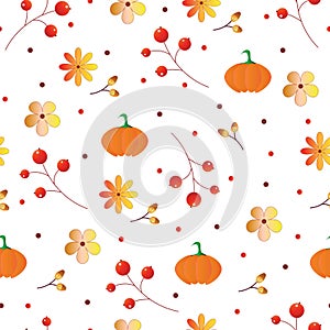 seamless pattern - autumn theme with flowers, leaves and pumpkins