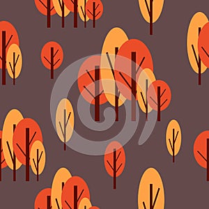 Seamless pattern with autumn trees. Red and pink. Brown background. Cartoon flat style. Garden or forest. Nature and ecology. For