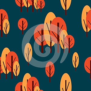 Seamless pattern with autumn trees. Red and pink. Green background. Cartoon flat style. Garden or forest. Nature and ecology. For