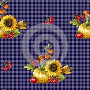 Seamless pattern with autumn yellow leaves, sunflowers and pumpkins. Vector illustration.