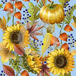 Seamless pattern with autumn yellow leaves, sunflowers and pumpkins. Vector illustration.