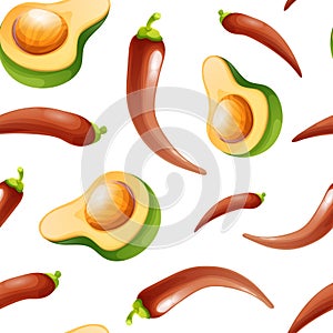 Seamless pattern with an avocado and chili peppers