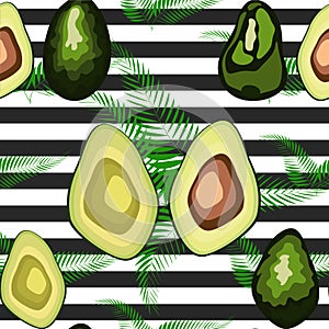 Seamless pattern of avocado fruits with palm leaves on a striped background