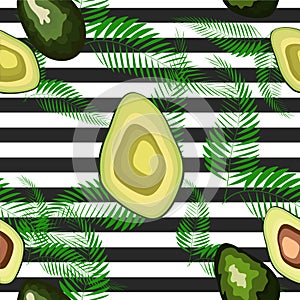 Seamless pattern of avocado fruits with palm leaves on a striped background