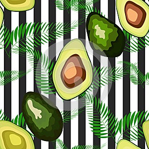 Seamless pattern of avocado fruits with palm leaves on a striped background