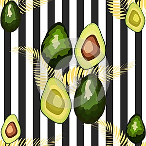 Seamless pattern of avocado fruits with palm leaves on a striped background