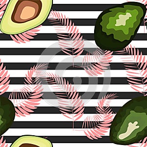 Seamless pattern of avocado fruits with palm leaves on a striped background