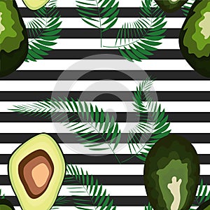 Seamless pattern of avocado fruits with palm leaves on a striped background