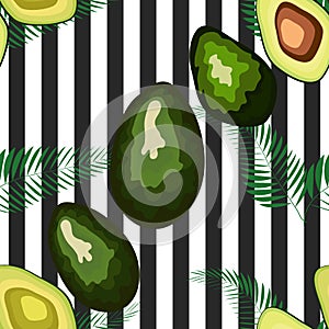 Seamless pattern of avocado fruits with palm leaves on a striped background