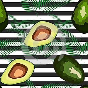 Seamless pattern of avocado fruits with palm leaves on a striped background