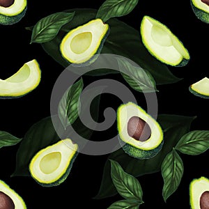 Seamless pattern with avocado and leaves. Keto diet hand drawing. Organic food. Decorative elements for textile