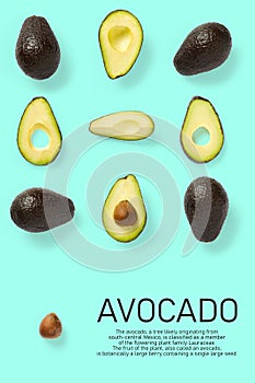 Seamless pattern with avocado slices. Tropical fruit abstract background. Avocado pattern the blue background