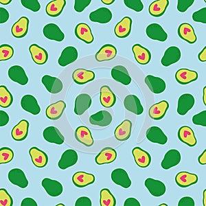Seamless pattern with avocadoes and hearts