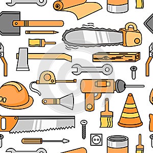 Seamless pattern with ax, helmet, screwdriver, hammer, ruler and others.