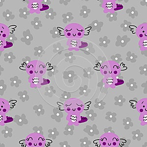 Seamless pattern with axolotls and flowers in 1970 style. Perfect print for tee, textile and fabric. Hand drawn vector