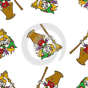 Seamless pattern with baba yaga in a mortar with a broom. Design of wallpapers, textiles, websites