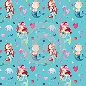 Seamless pattern, baby background with mermaids and cat, bubbles, watercolor drawing