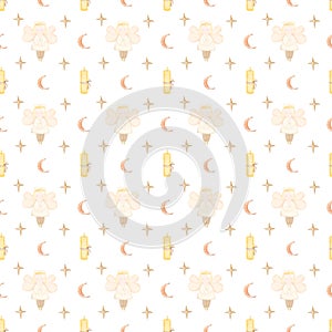 seamless pattern baby baptism. cute pattern with an angel, a candle, a star and a month. A beautiful pattern for