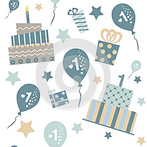 Seamless pattern, baby boy first birthday.