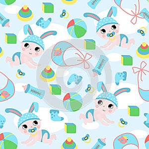 Seamless pattern with baby boy and toys - vector illustration, eps