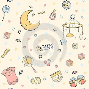 Seamless pattern with baby care items