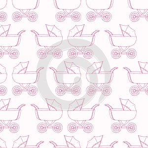 Seamless pattern baby carriage for doughter. Baby girl wallpaper. Pink textile.