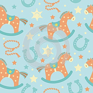 Seamless pattern baby cowboy with western decorative elements. Wild West birthday cowboy rocking horses and horseshoes. Vector