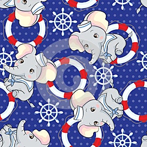 Seamless Pattern, Baby Elephant With Blue Color Background