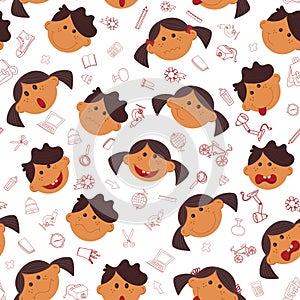 Seamless pattern with baby faces and school office supplies. Boys and girls with different facial expressions