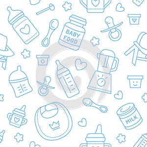 Seamless pattern baby food, pastel color, vector illustration. Infant feeding thin line icons. Cute repeated blue texture, baby it
