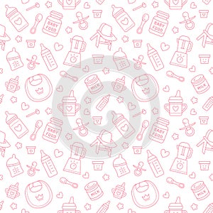 Seamless pattern baby food, pastel color, vector illustration. Infant feeding thin line icons. Cute repeated pink texture, baby it