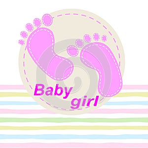 Seamless pattern with baby footprint. Footprints girls on striped background. Vector illustration